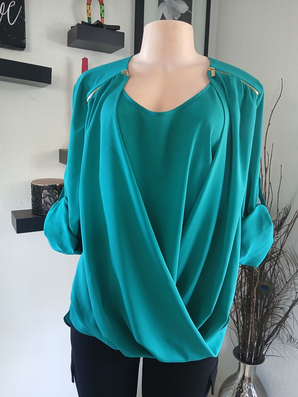 Calvin Klein Teal Draped Zip-Shoulder Blouse